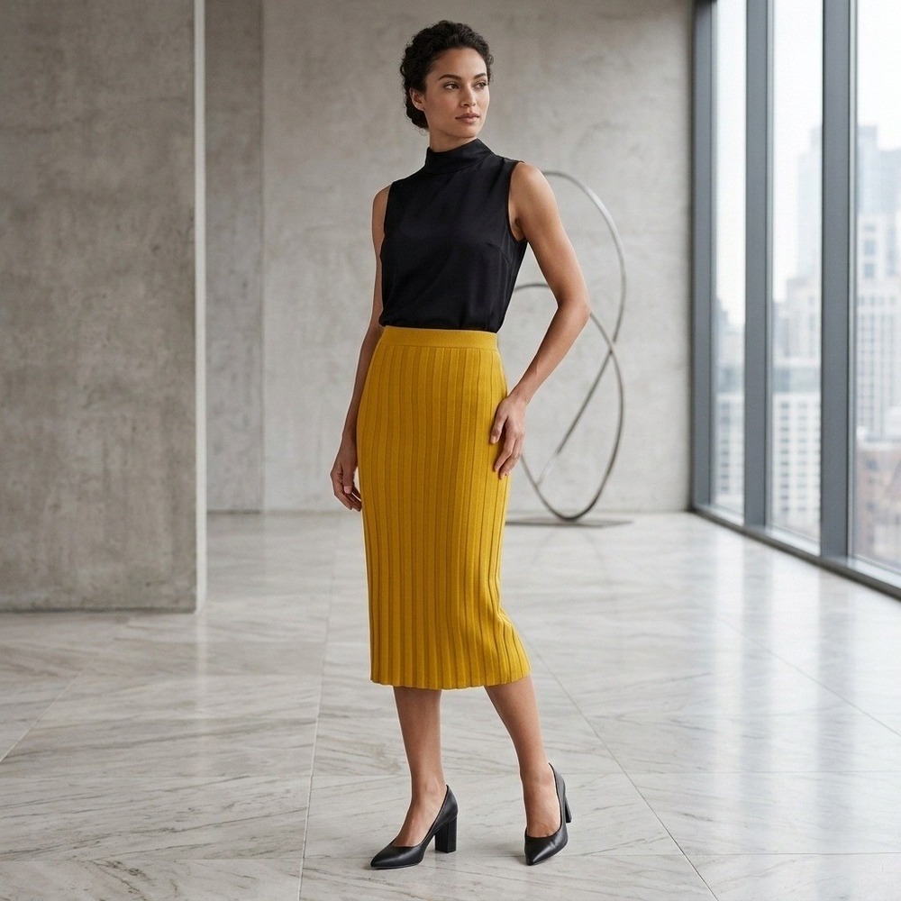 Forever 21‎ Skirt Women's Size M Ribbed Pencil Midi Stretch Knitted Citron NWT